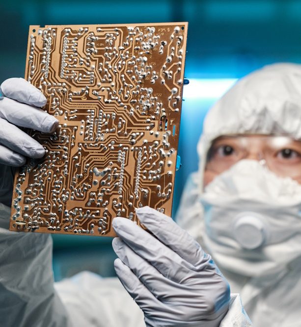 Gloved female specialist in protective coveralls and respirator holding circuit board in front of herself while working in laboratory